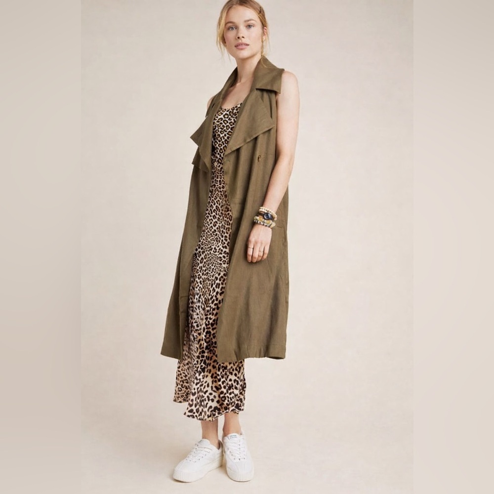 Anthropologie Hollis Tie-Front Trench Vest Olive Green Linen Blend | Size XS - Picture 2 of 10